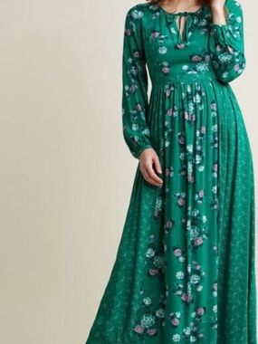 Modcloth Emerald Green Floral Tie-Neck Maxi Dress